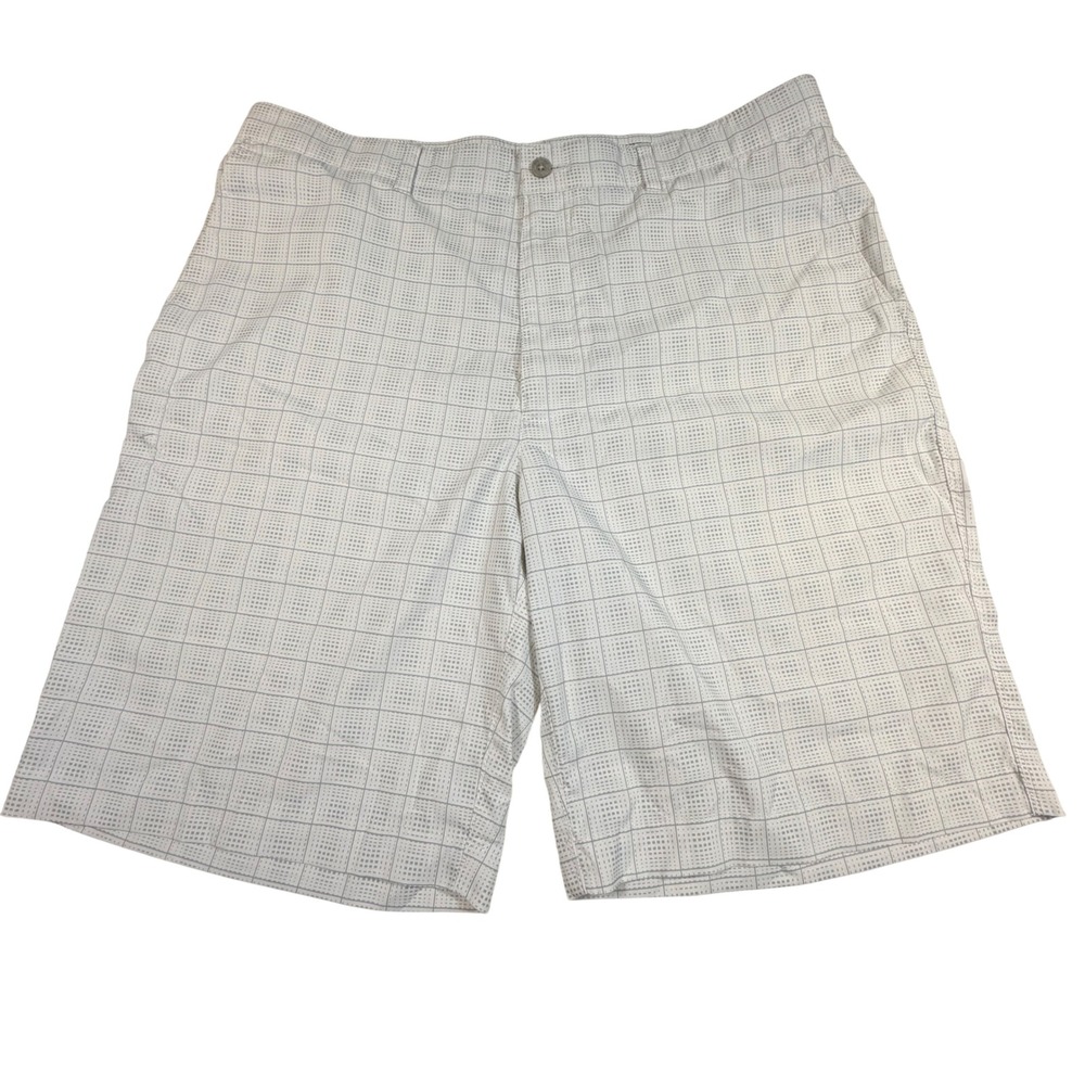 PGA Tour Golf Shorts 36 White Gray Grid Performance Stretch Activewear Mens